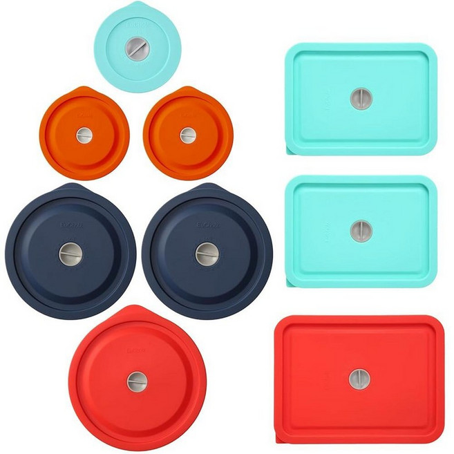 Pyrex 7200-PC 2컵 및 7201-PC 4컵 및 7402-PC 6/7컵용 교체 뚜껑 Anchor Hocking 유리 그릇용 실리콘 원형 보관 커버 뚜껑 6팩 레드, 혼합 색상 9팩 (레드, 블루, 아쿠아)