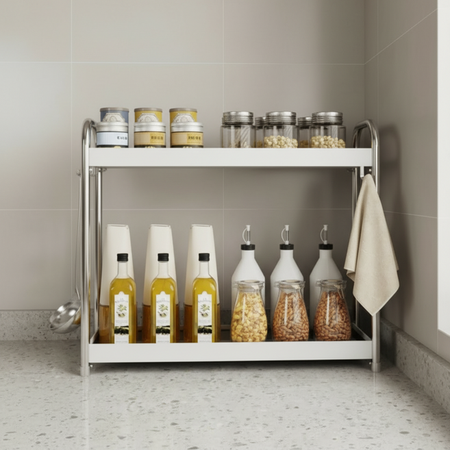 식용유도 들어가는 2단 폭넓은 양념통 선반 정리대, 1개, 화이트