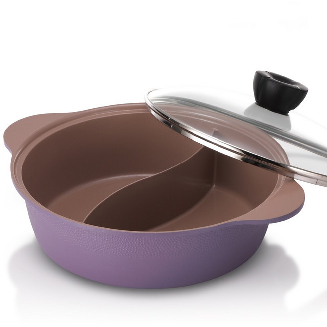 리빙아트 국내산 통주물 인덕션 샤브샤브 반반냄비 훠궈냄비 세라믹코팅, 28cm, 퍼플