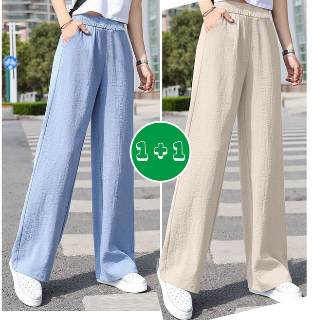 MAKABORO 1+1 여성 와이드 면 린넨 팬츠 슬랙스 밴딩 캐주얼 통바지 봄여름
