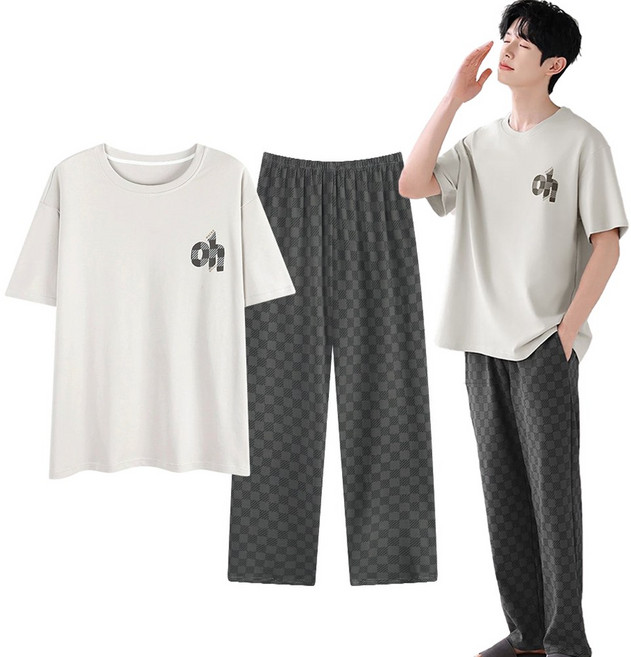 IEDUOS 남성 편안한 순면 100% 실내복 상하복 잠옷 세트 남자 봄가을 파자마 데일리 홈웨어 세트 반팔 티+바지