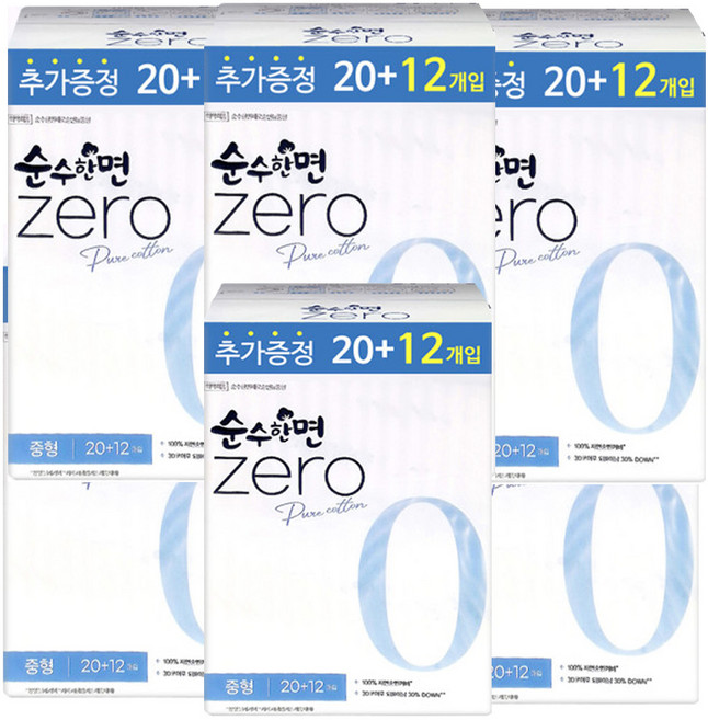 순수한면 제로 생리대 날개형, 중형, 32개입, 6개