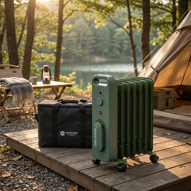 흥신 오르씨 캠핑난로 7핀 900W 캠핑 라디에이터 간절기캠핑난방용품, 그린 7핀(900W) + 보관가방 포함