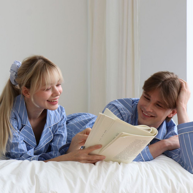 커플잠옷 스트라이프 유기농 순면 40수 파자마 긴팔 홈웨어 상하의 세트