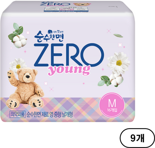 순수한면 제로영 생리대, 중형, 16개입, 9개