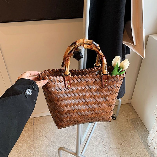 소울린느 빈티지 미니 격자 라탄 위빙 토트 백 가방