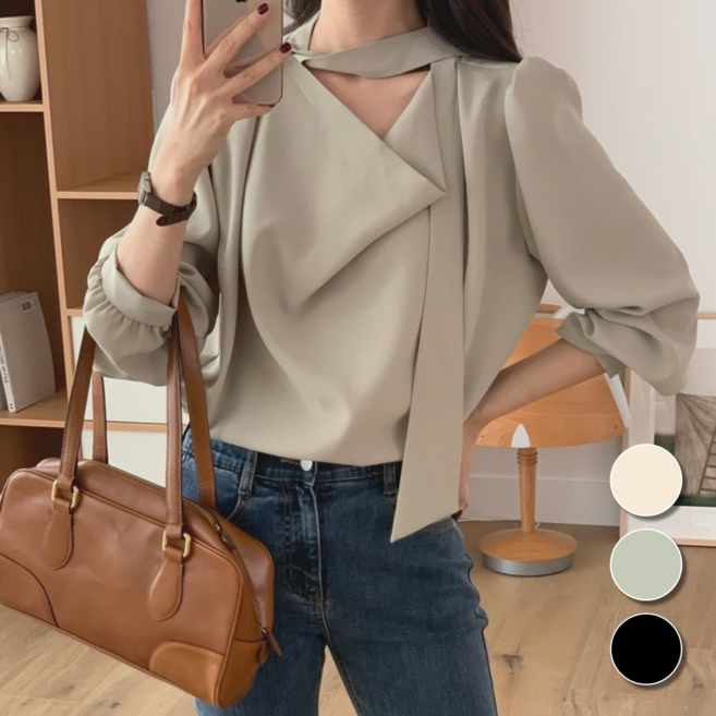 핏몬 여성 드레이프 타이 리본 긴팔 블라우스