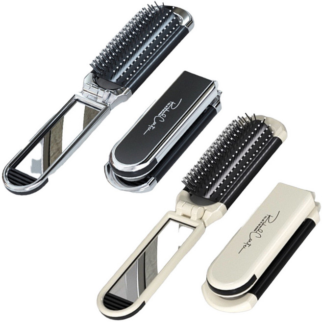 아이리즈 휴대용 헤어 브러쉬 접이식 빗 손거울 2개 세트, 1개, 실버+크림