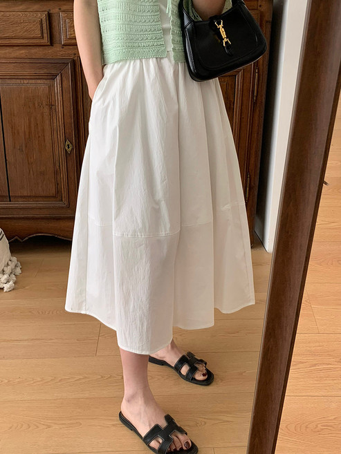 奈看服飾 棉質顯瘦鬆緊腰拼接半身裙 新款高腰赫本風百搭中長裙