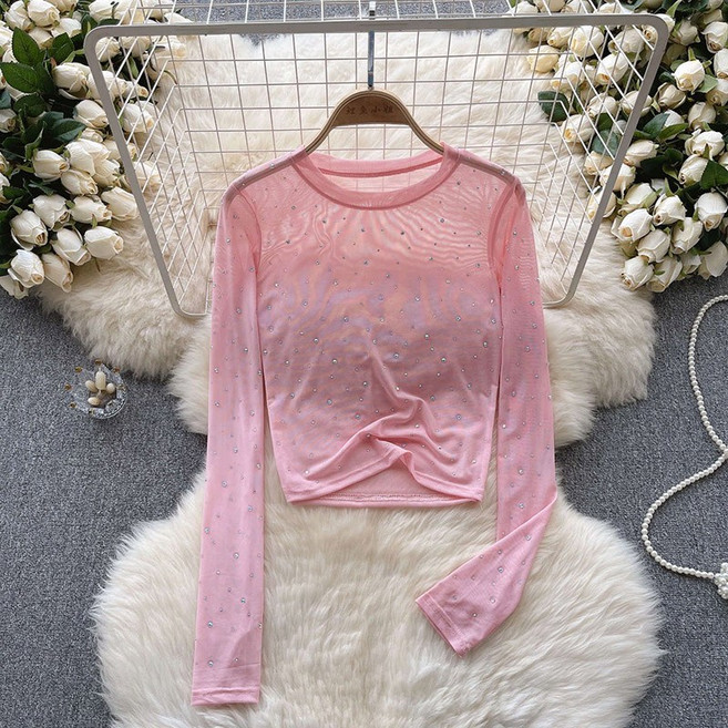 SELEAD 여성 긴팔 스팽글 망사 톱 섹시 시스루 이너 톱