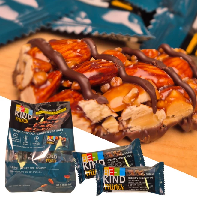 비카인드 다크초콜릿 씨솔트 견과류바 코스트코 미니 너트바 다이어트 에너지바 + 초코크리스피 증정, 24개, 20g - 쿠팡