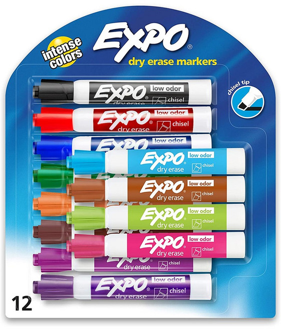 12 Count (Pack of 1) EXPO Low Odor Dry Erase Markers Chisel Tip Assorted Colors 12 Count, 1개