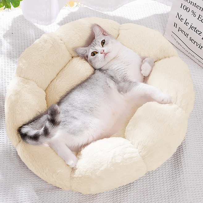 차오크 도넛 고양이하우스 푹신한 방석 수면 쿠션 고양이 캣하우스 꽃 모양 뽀글이 펫 매트, 아이보리white, 1개