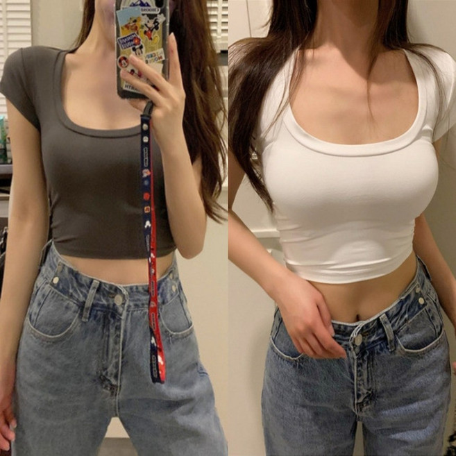 1+1여성 크롭 섹시 U넥 스퀘어넥 밑단 라운드 반팔 티셔츠