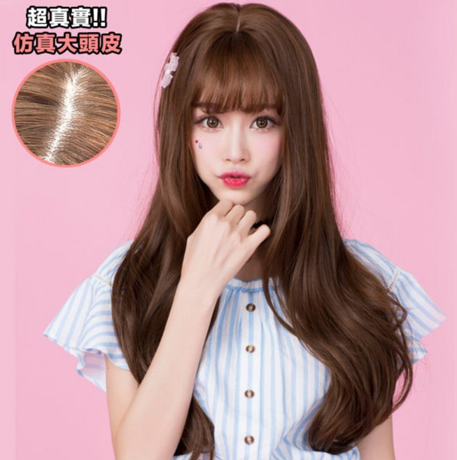 Clair Beauty 韓系空氣瀏海長捲髮假髮 仿真大頭皮 自然蓬鬆修飾臉型 咖啡色, 1個