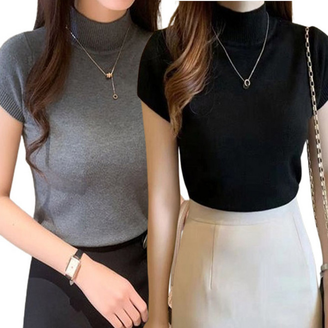 후쿠호 1+1 여성용 데일리 봄 가을 겨울 간절기 따뜻한 오피스룩 하프넥 반목 기본 슬림핏 반팔 니트 티셔츠