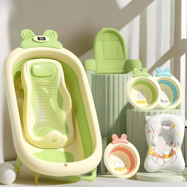 嬰兒洗澡盆浴盆寶寶可摺疊幼兒坐躺大號浴桶小孩家用新生兒童用品, 綠色浴盆+浴架+三臉盆+浴網+浴墊:如圖所示