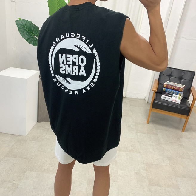 스트릿제이 라운드 레터링 로고 나시 머슬핏 루즈핏 빅사이즈 코튼 민소매 나시티