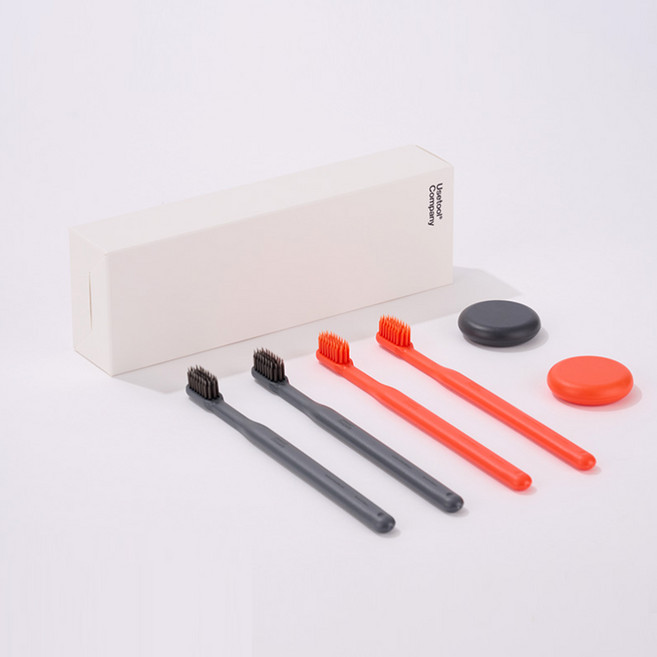 칫솔 커플 세트 블랙+오렌지 칫솔 4개 원형자석 2개 칫솔걸이 포함 부드러운 작은헤드 미세모 어금니 잇몸관리 치과 칫솔 신혼 가족 집들이 선물 세트, 1세트, 4개입