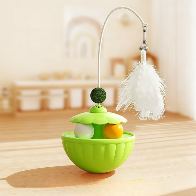 Tinduo 고양이 오뚝이 장난감 캣닢볼 깃털 방울 트랙볼 캣 사냥놀이 낚시대, 녹색, 1개