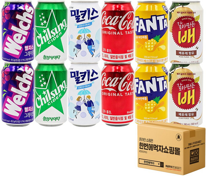 [한번에먹자] 뚱캔 6종 세트 (웰치스 포도2 + 칠성사이다2 + 코카콜라2 + 밀키스2 + 환타 파인2 + 갈아만든배2), 12개, 340ml