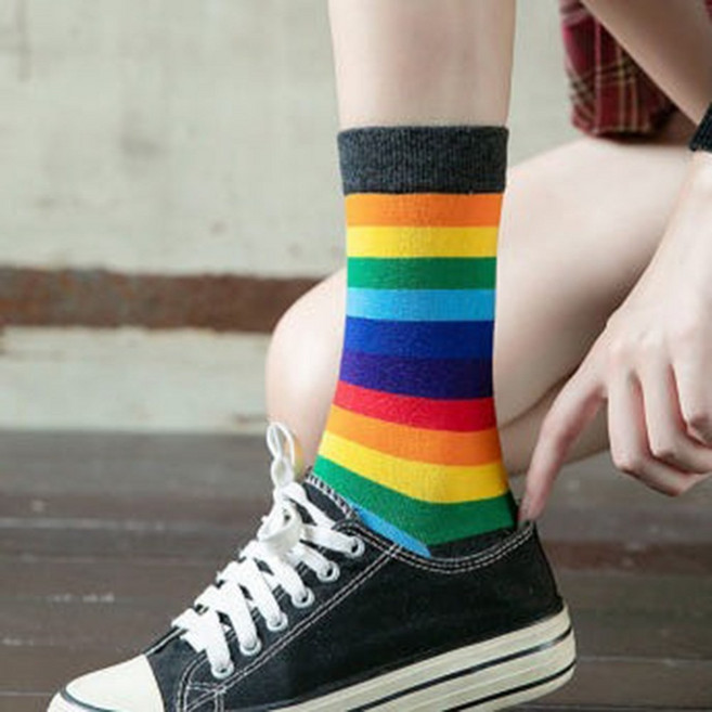 2개 무지개 양말 줄무늬 레깅스 양말 스트릿 여자 크루 삭스 장목