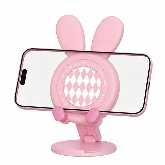 OFFCURVE 회전형 캐릭터 스마트폰 거치대 탁상용 접이식 독특한 데스크테리어 소품, 1개, 핑크색