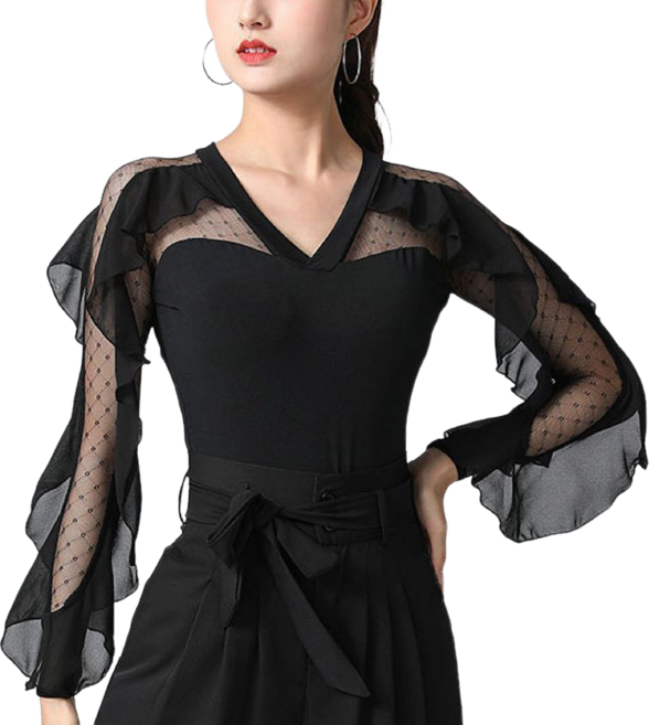 여성용 브이넥 긴팔 망사 시스루 티셔츠 댄스복 상의