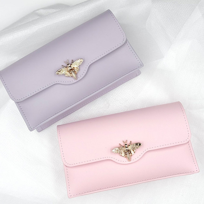 여성 파스텔 클러치 장지갑 골드 벌장식 감성 가죽파우치 카드수납 다용도 소품지갑