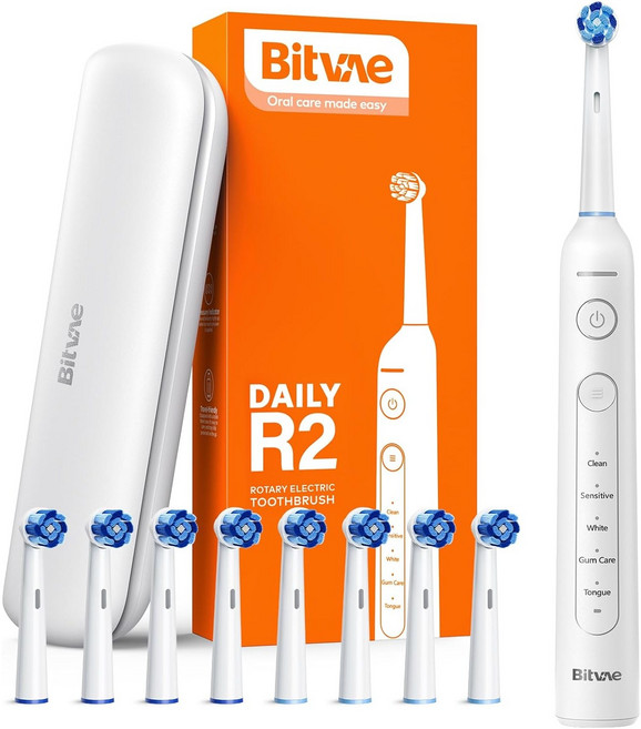 비트베이 R2 회전전동칫솔 스마트압력센서 칫솔모8개 /휴대용케이스 포함 Bitvae Amazon 베스트 모델, 화이트