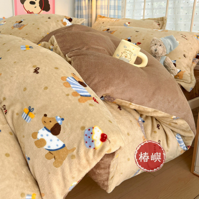 椿嶼 冬季印花加厚牛奶絨保暖被套, 簡一輕咖,【床單款】0.9三件套-被套150x20