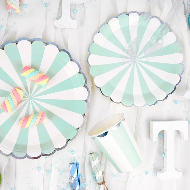 파티팡 파티접시 23cm 10p + 파티접시 18cm 10p + 파티컵 10p 생일 테이블패키지 10인세트, 스트라이프 민트