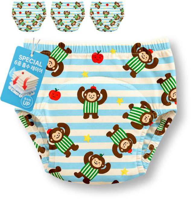 HO-OH 조임없는 유아용 순면 6중 방수 원숭이 배변 훈련팬티 4종 세트, 4개, 블루