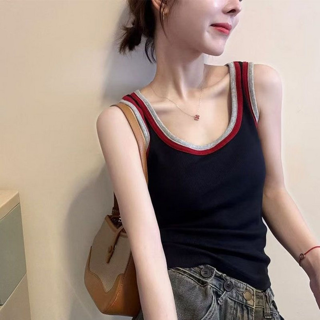 COSYEVNO 여름 여성 슬림핏 배색 라운드넥 민소매 니트 탑 LFHddbx-4