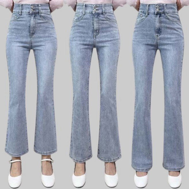 제이엠스타일 [숏/중/롱] S~2XL 봄 가을 여성 허리 스판 투버튼 부츠컷 청바지 하이웨스트 여자 빅사이즈 밴딩 나팔 데님팬츠 바지 키작녀 키큰녀