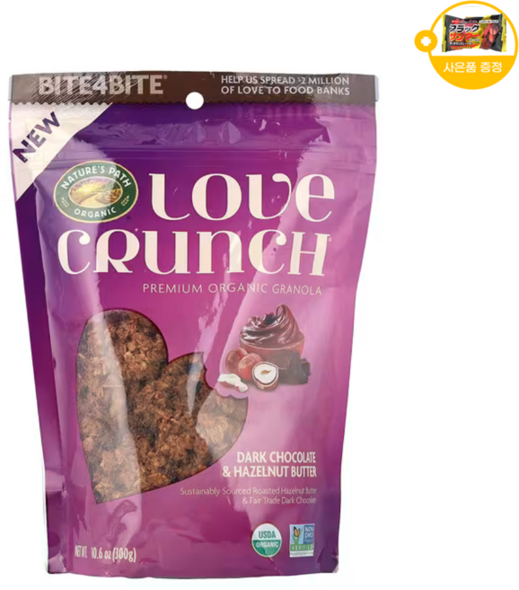 Nature's Path Love Crunch 프리미엄 유기농 그래놀라 다크 초콜릿 & 헤이즐넛 버터 사은품 추가증정, 1개, 325g
