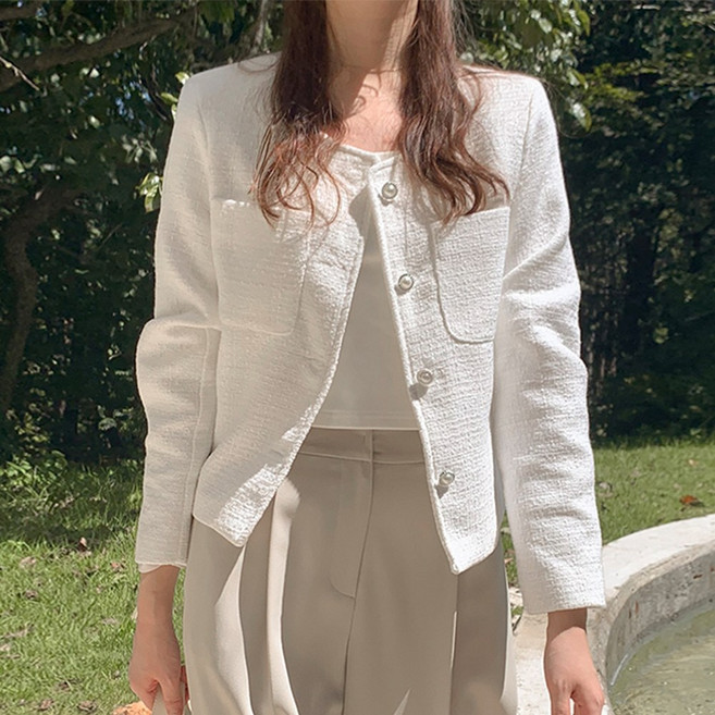 타니즈 린느 하객룩 오피스룩 라운드넥 세미크롭 여성 트위드 자켓 - 3 Color