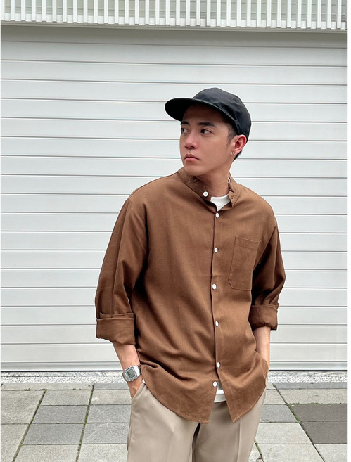 NY 亨利領立領麻料襯衫 長袖休閒百搭基本款