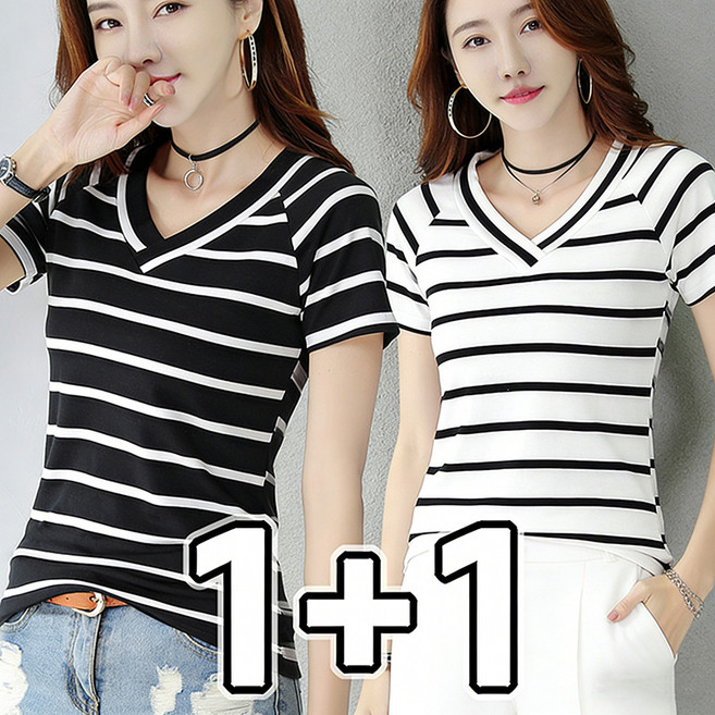 TIMEPURE 브이넥 스트라이프 반팔 티셔츠 여성 슬림핏 티셔츠 여름 반팔 줄무늬 심플 톱