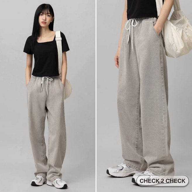 Check2Check 寬鬆直筒抽繩牛仔褲