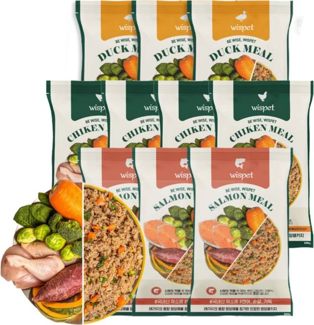 와즈펫 식자재 100% 프리미엄 화식사료_고품질 생육 90%(기호성/뼈) 국내산채소(소화/체중) 필수영양제(피부/노화개선), 100g, 10개, 혼합맛 - 쿠팡