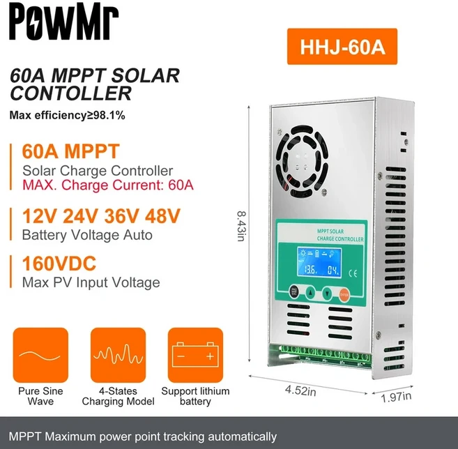PowMr MPPT 태양광 충전 컨트롤러 60A LCD 디스플레이 12V 36V 자동 패널 배터리 레귤레이터 (최대 160VDC, 01 빠른  Mainland, 03 MPPT 60A, 1