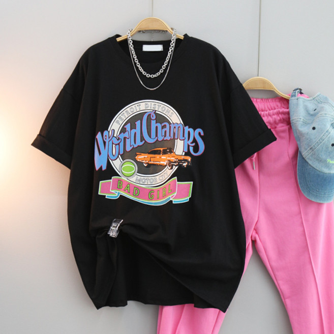 달콩 여성 빅사이즈 캐주얼 프린팅 오버핏 반팔 티셔츠 챔프프린팅박스티셔츠 봄 여름 국내제작