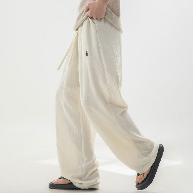 가르크시 남성 여름 린넨 와이드 밴딩 팬츠 벌룬핏 시원한 아이스 바지 핀턱 자수 롱슬랙스