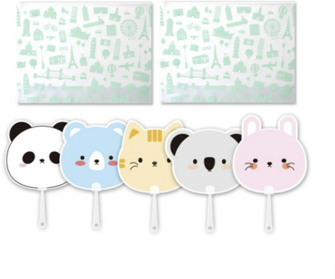 애니멀 프랜즈 부채 5p + 투명 멀티 파우치 라지 2p 세트, 랜덤발송(부채) 민트(파우치), 1세트