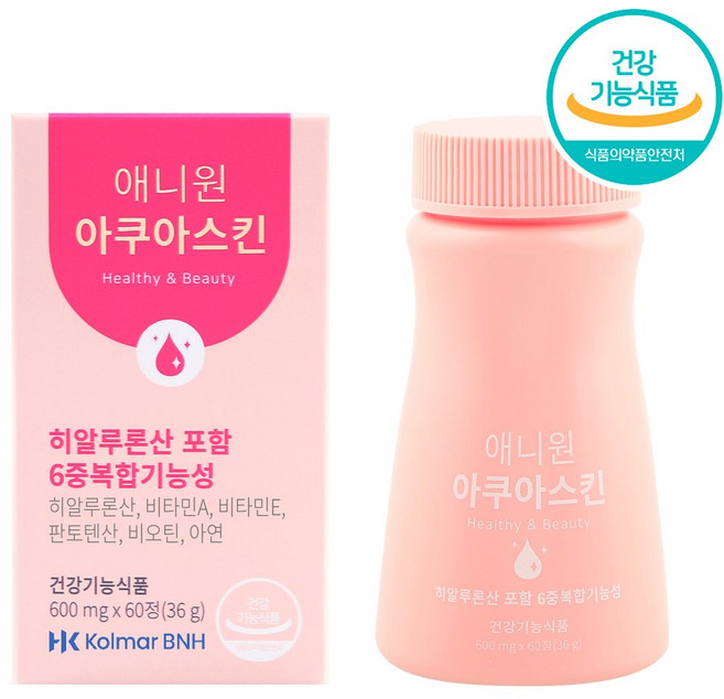 [미감미소] 애니원아쿠아스킨 1박스(1개월분) 히알루론산 콜라겐 비오틴 비타민A 비타민E 판토텐산 아연 6중복합기능성 피부속부터 빛나는 피부건강 UP 한국콜마, 1박스, 60정