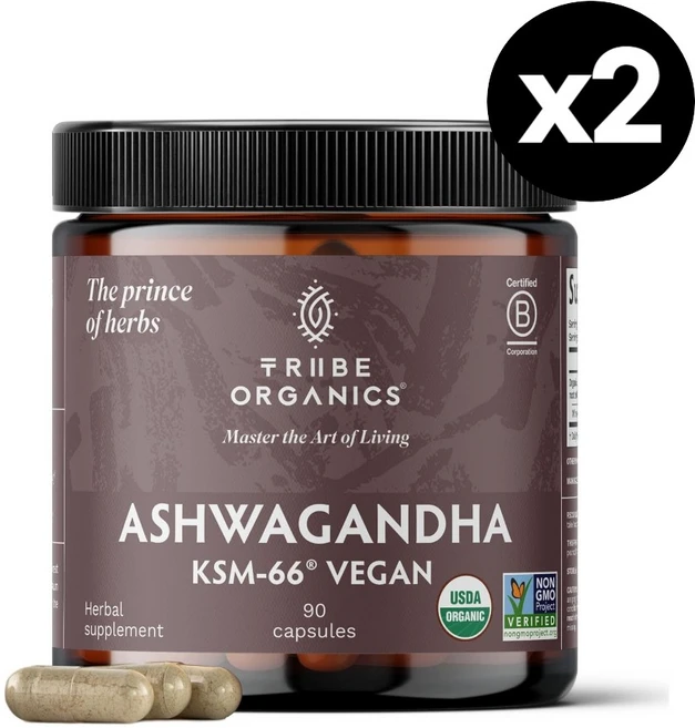 TRIBE ORGANICS 아슈와간다 KSM 66 비건 Ashwagandha 90캡슐 x2통 아쉬와간다 아쉬아간다 인도인삼, 90정 - 쿠팡