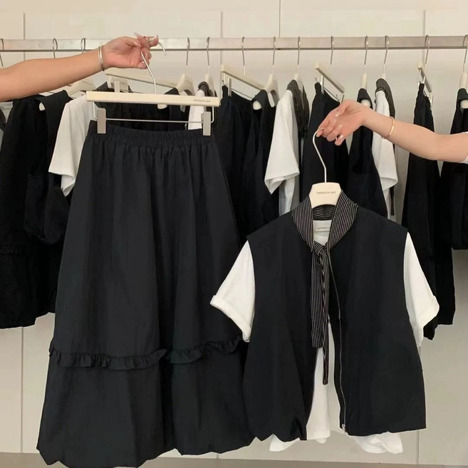 녕동 여성 투피스 세트 민소매 조끼 스커트 레이어드 루즈핏 심플 봄가을 투피스