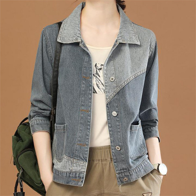 AOKADA 중년 여성 봄 가을 패치워크 데님 숏 자켓 날씬해 보이는 청자켓