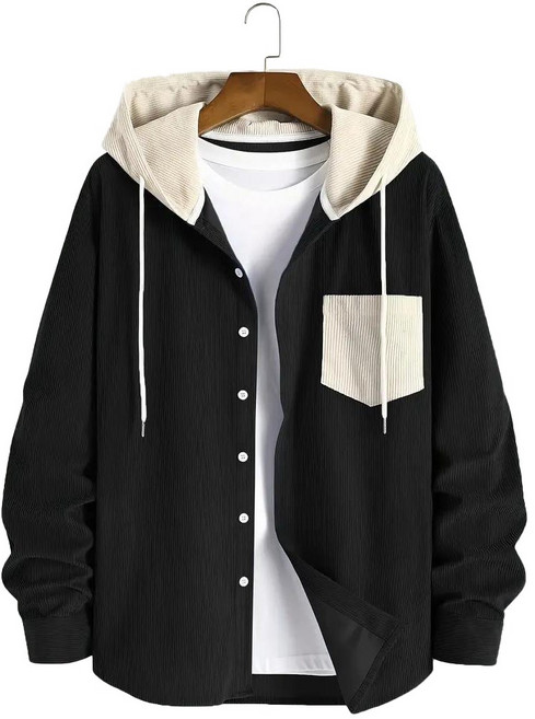 IEDUOS남성 봄가을 캐주얼 도톰한 코듀로이 긴팔 셔츠 남자 홑겹 코듀로이 후드 코트 루즈핏 스타일리시